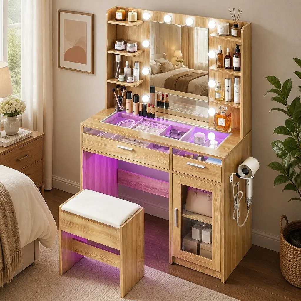 Dressing Table Vanity Desk E1 Particle Board Tempered Glass 90cm Wood with Hollywood LED Mirror and Makeup Storage Drawers