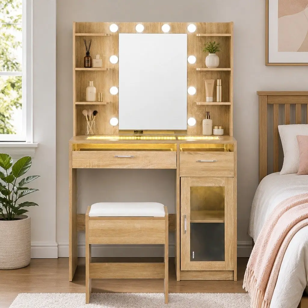 Dressing Table Vanity Desk E1 Particle Board Tempered Glass 90cm Wood with Hollywood LED Mirror and Makeup Storage Drawers