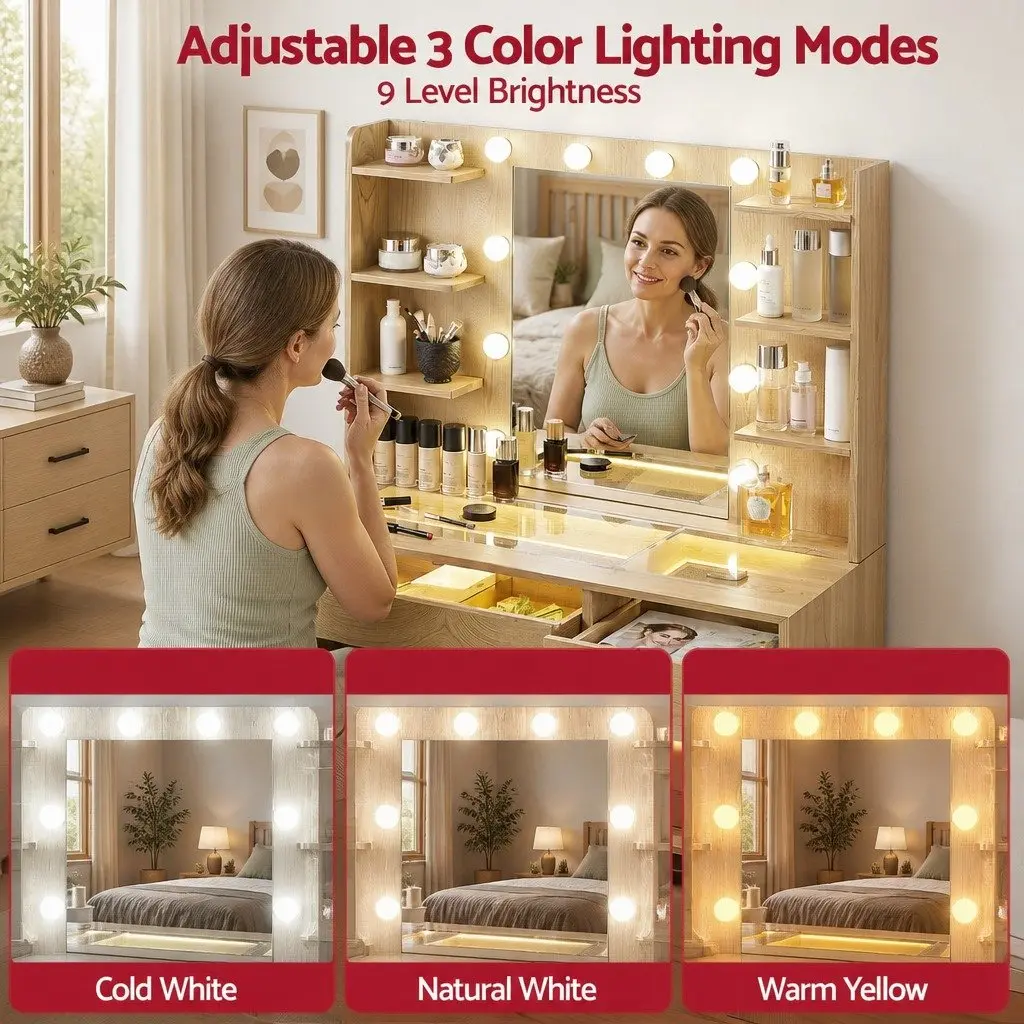Dressing Table Vanity Desk E1 Particle Board Tempered Glass 90cm Wood with Hollywood LED Mirror and Makeup Storage Drawers