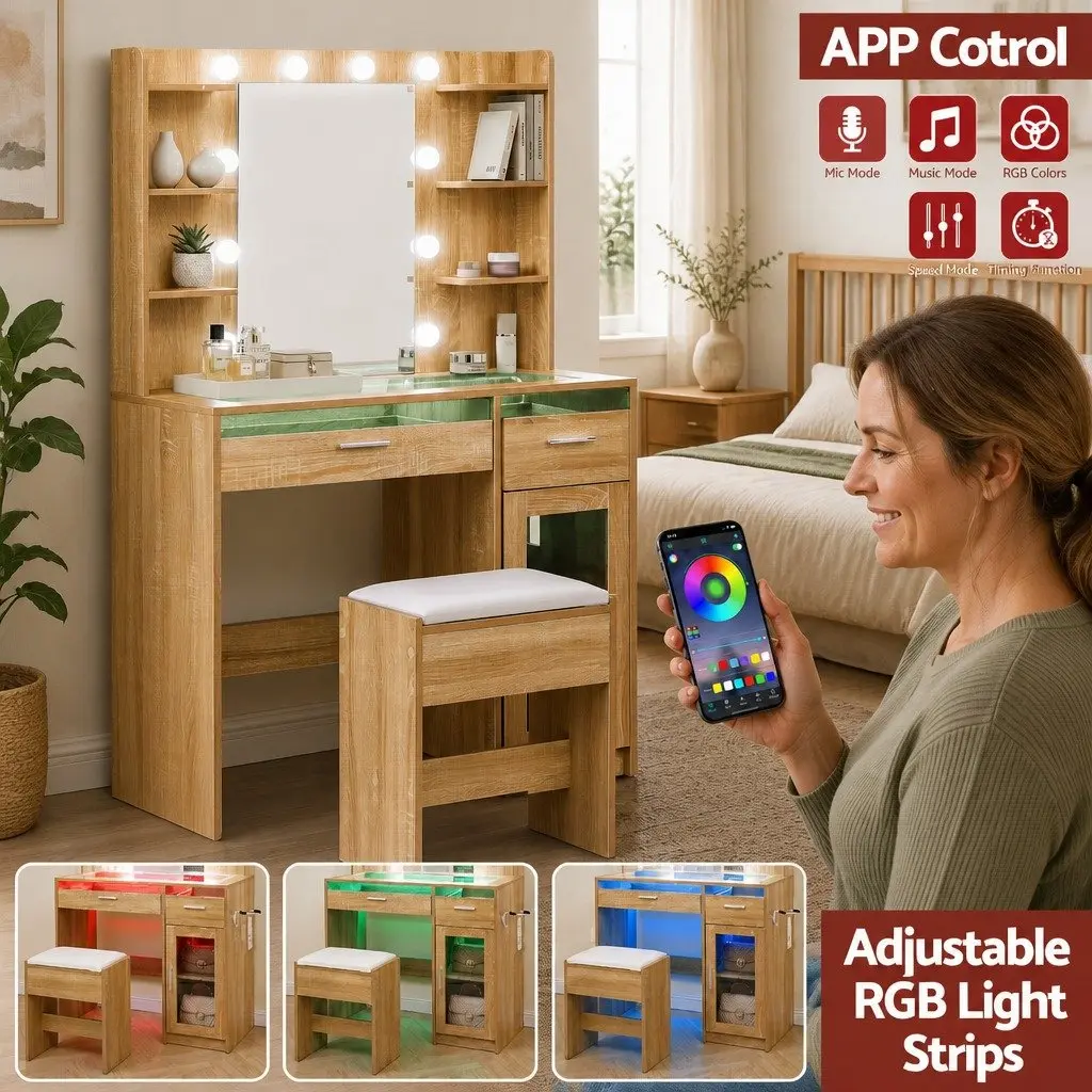 Dressing Table Vanity Desk E1 Particle Board Tempered Glass 90cm Wood with Hollywood LED Mirror and Makeup Storage Drawers