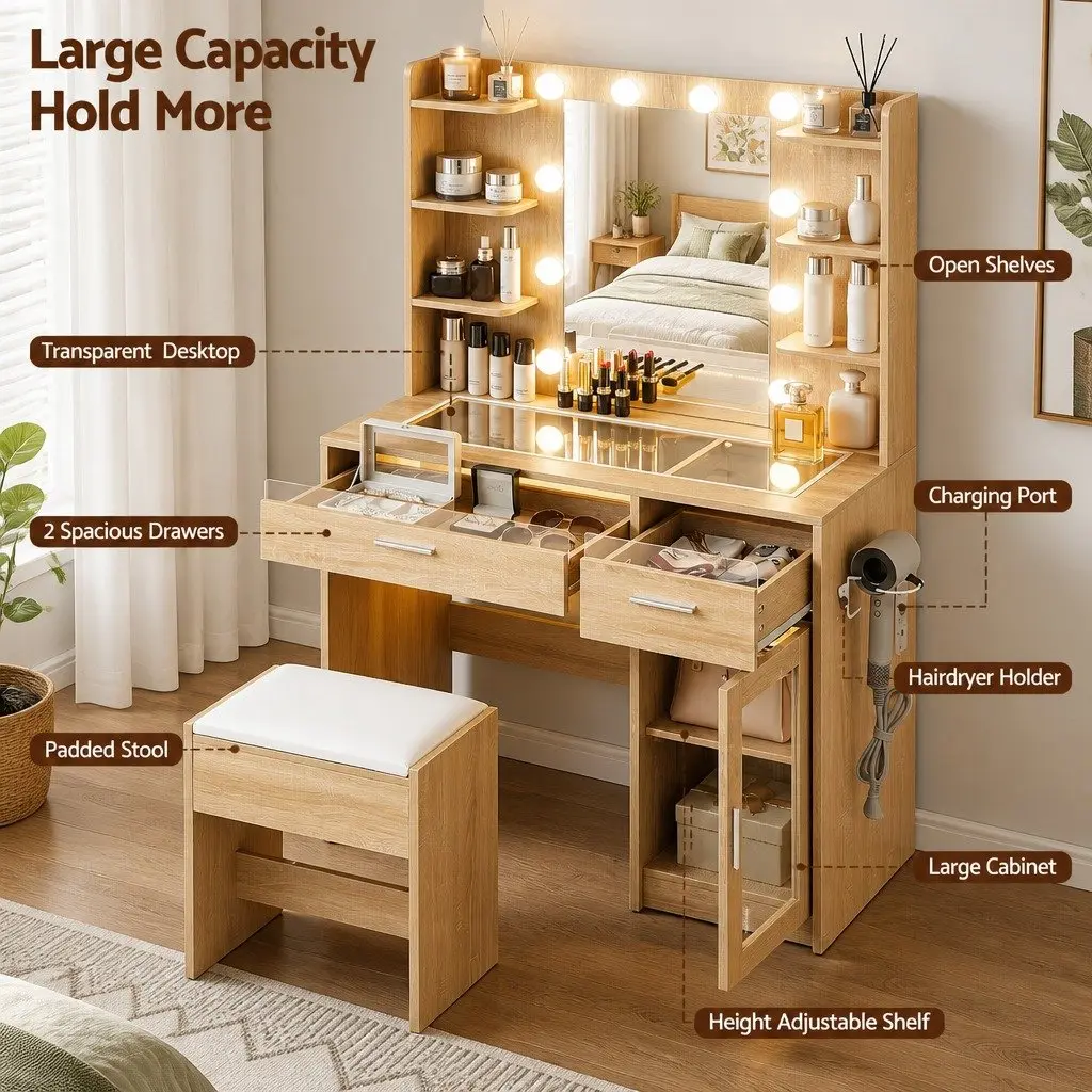 Dressing Table Vanity Desk E1 Particle Board Tempered Glass 90cm Wood with Hollywood LED Mirror and Makeup Storage Drawers