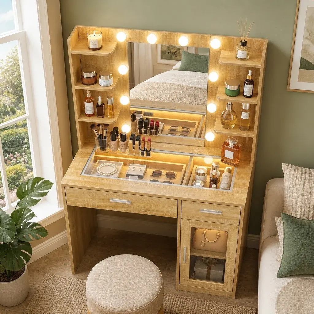 Dressing Table Vanity Desk E1 Particle Board Tempered Glass 90cm Wood with Hollywood LED Mirror and Makeup Storage Drawers