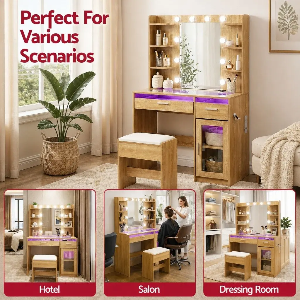 Dressing Table Vanity Desk E1 Particle Board Tempered Glass 90cm Wood with Hollywood LED Mirror and Makeup Storage Drawers