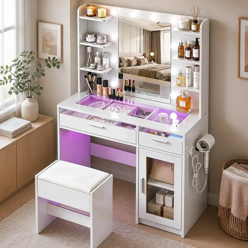 Dressing Table Vanity Desk with Hollywood Mirror 10 LED Bulbs RGB Light White