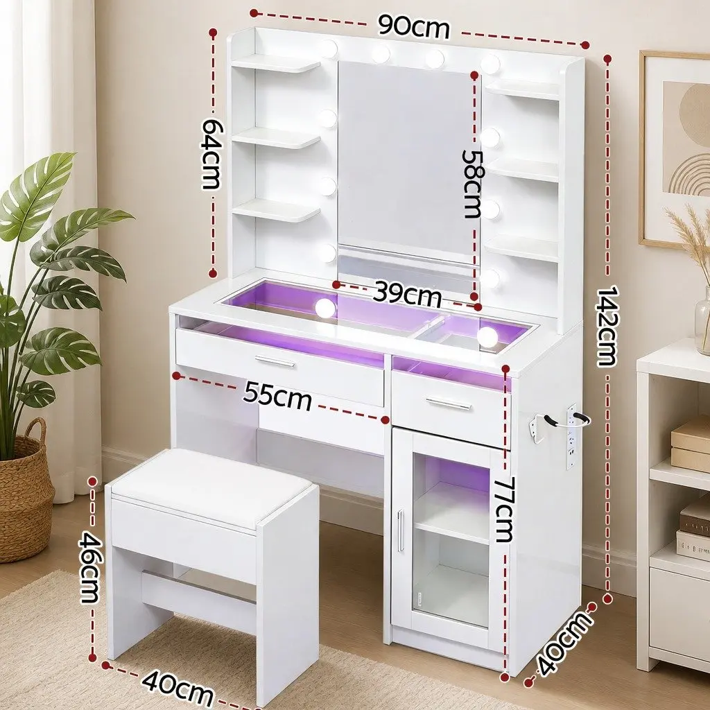 Dressing Table Vanity Desk with Hollywood Mirror 10 LED Bulbs RGB Light White