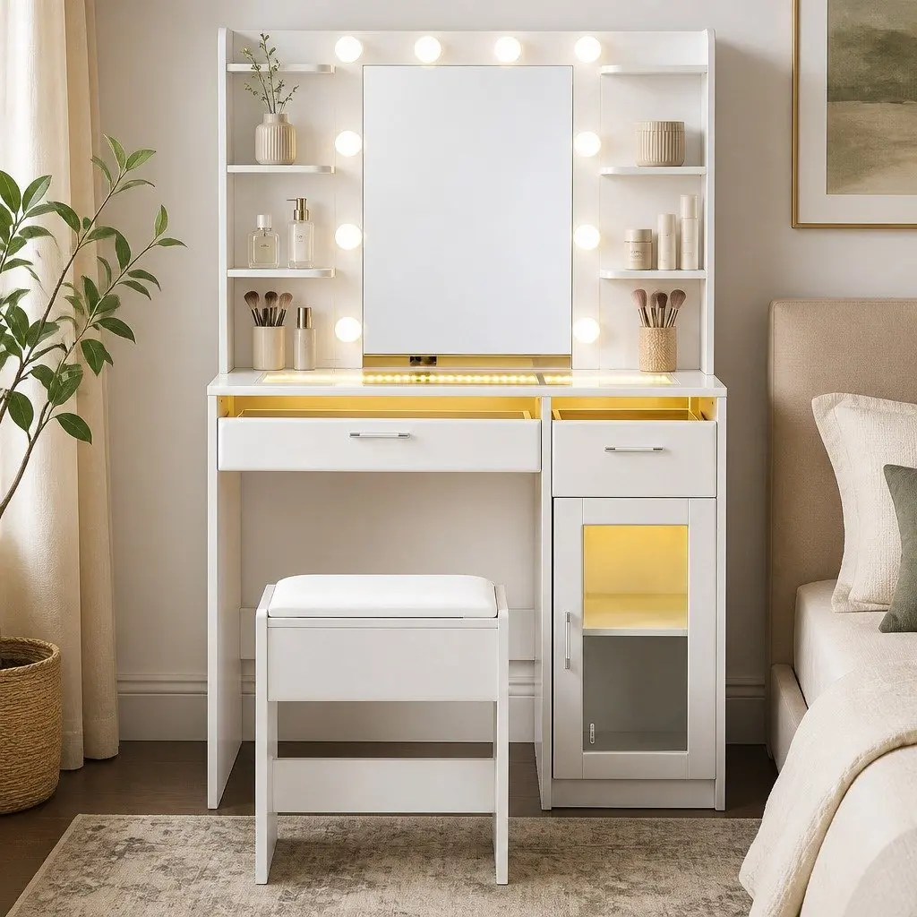 Dressing Table Vanity Desk with Hollywood Mirror 10 LED Bulbs RGB Light White