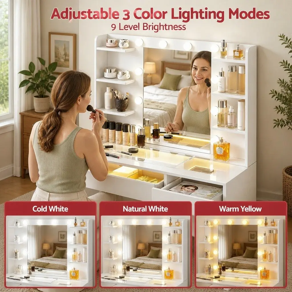 Dressing Table Vanity Desk with Hollywood Mirror 10 LED Bulbs RGB Light White