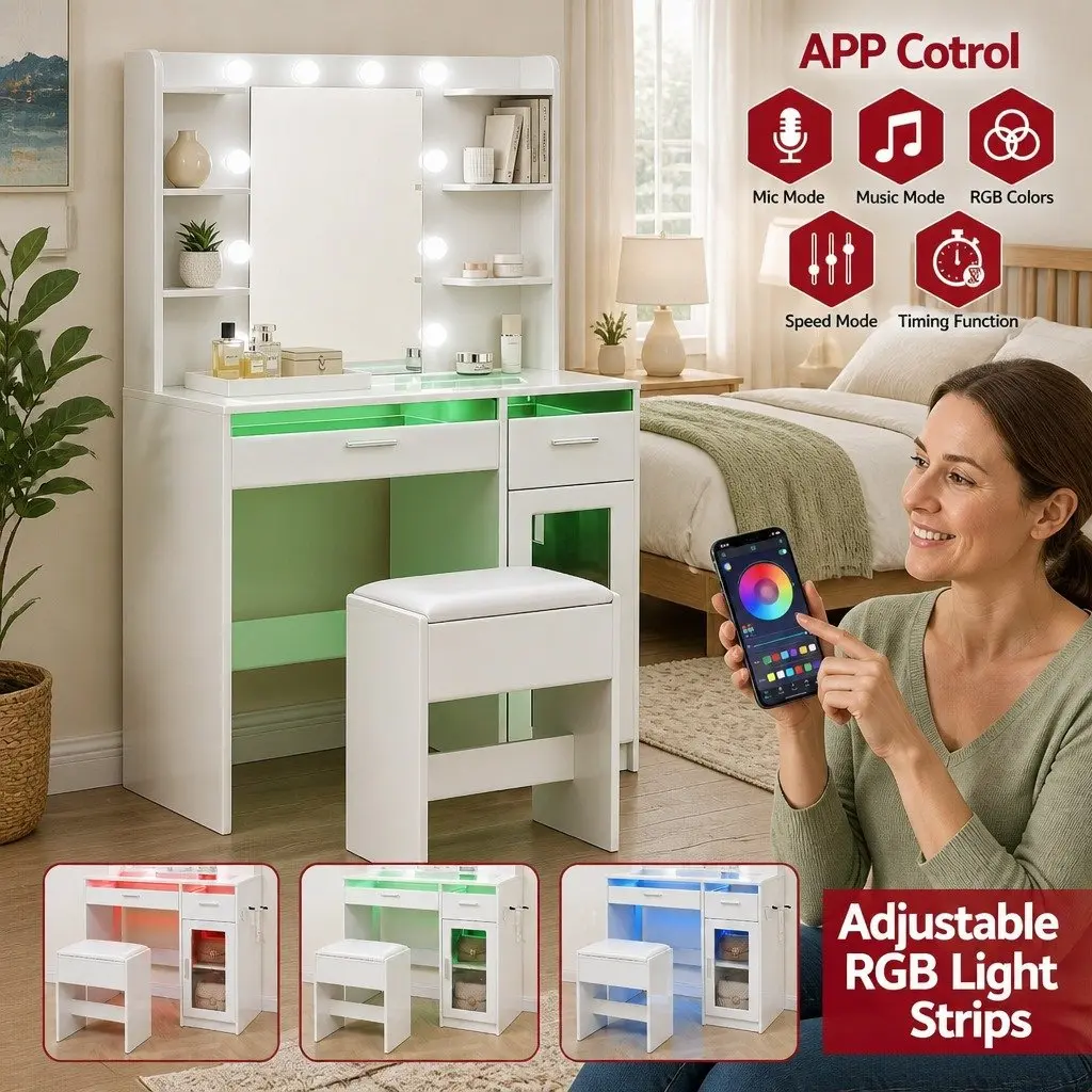 Dressing Table Vanity Desk with Hollywood Mirror 10 LED Bulbs RGB Light White