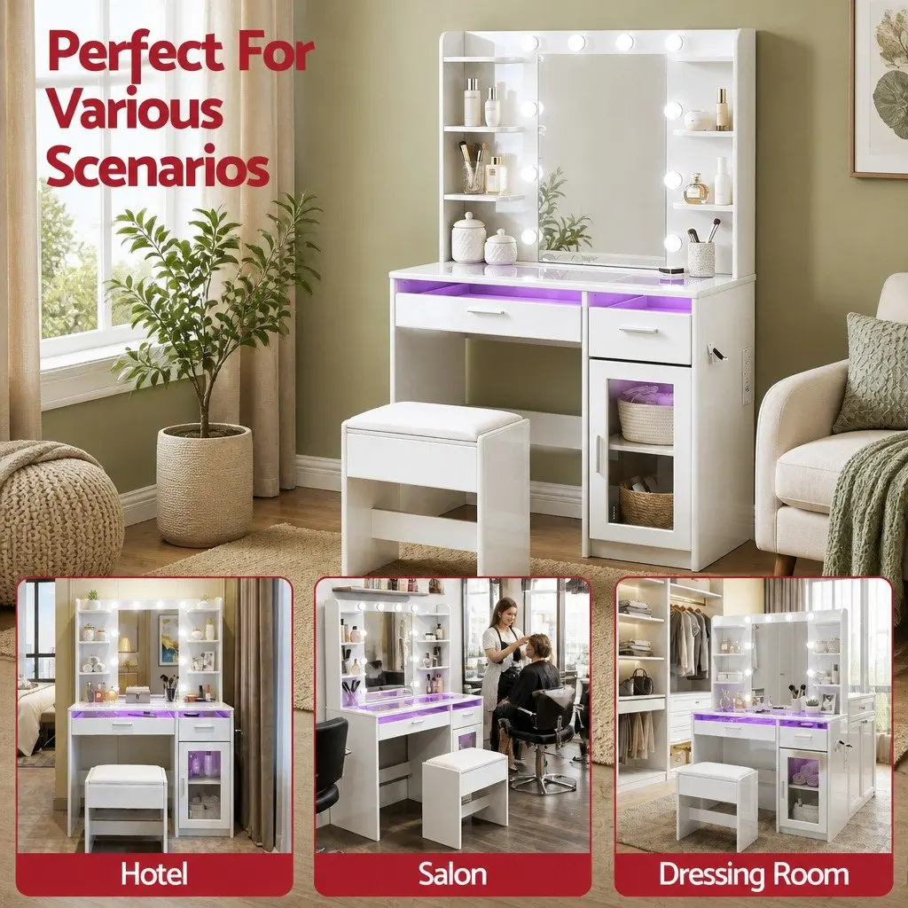Dressing Table Vanity Desk with Hollywood Mirror 10 LED Bulbs RGB Light White