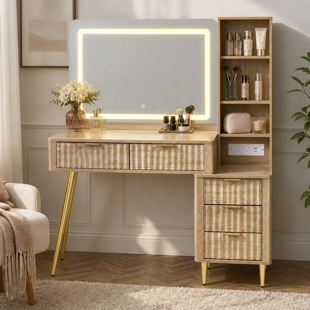 Dressing Table LED Vanity Desk with Charging Station Bedroom Makeup Mirror