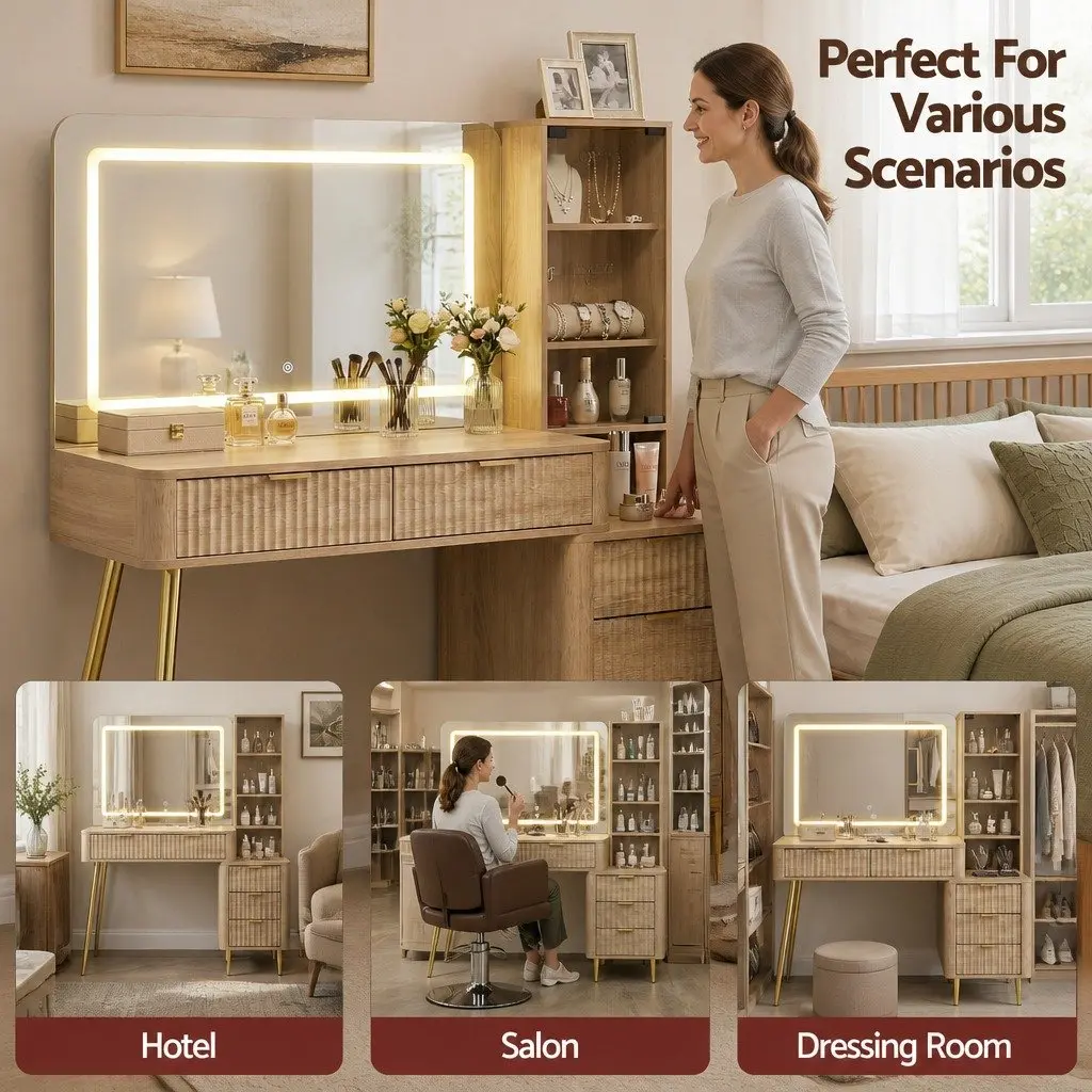 Dressing Table LED Vanity Desk with Charging Station Bedroom Makeup Mirror