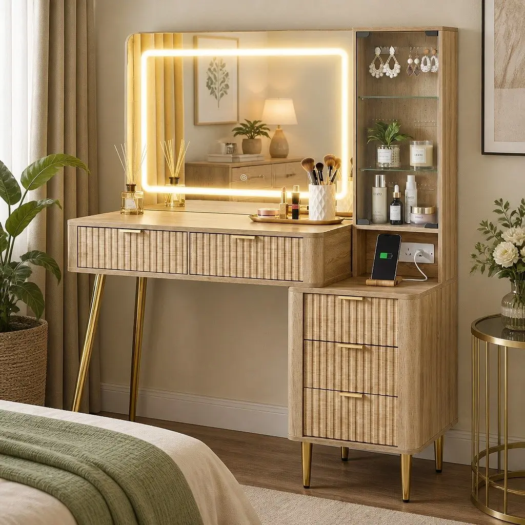 Dressing Table LED Vanity Desk with Charging Station Bedroom Makeup Mirror