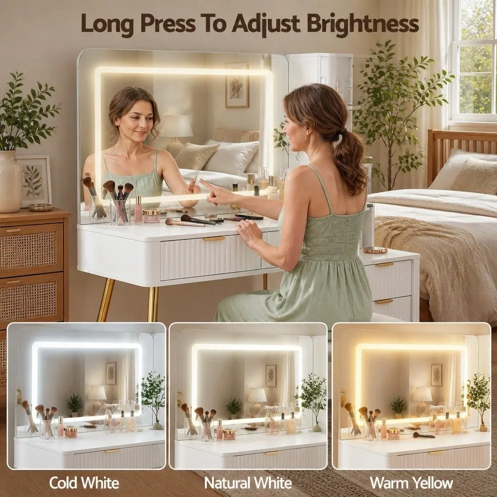 Dressing Table LED Vanity Desk with Charging Station White Hollywood Mirror