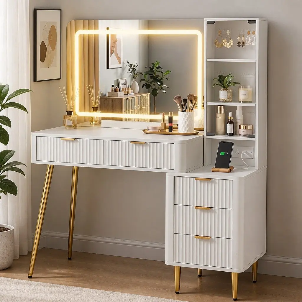 Dressing Table LED Vanity Desk with Charging Station White Hollywood Mirror