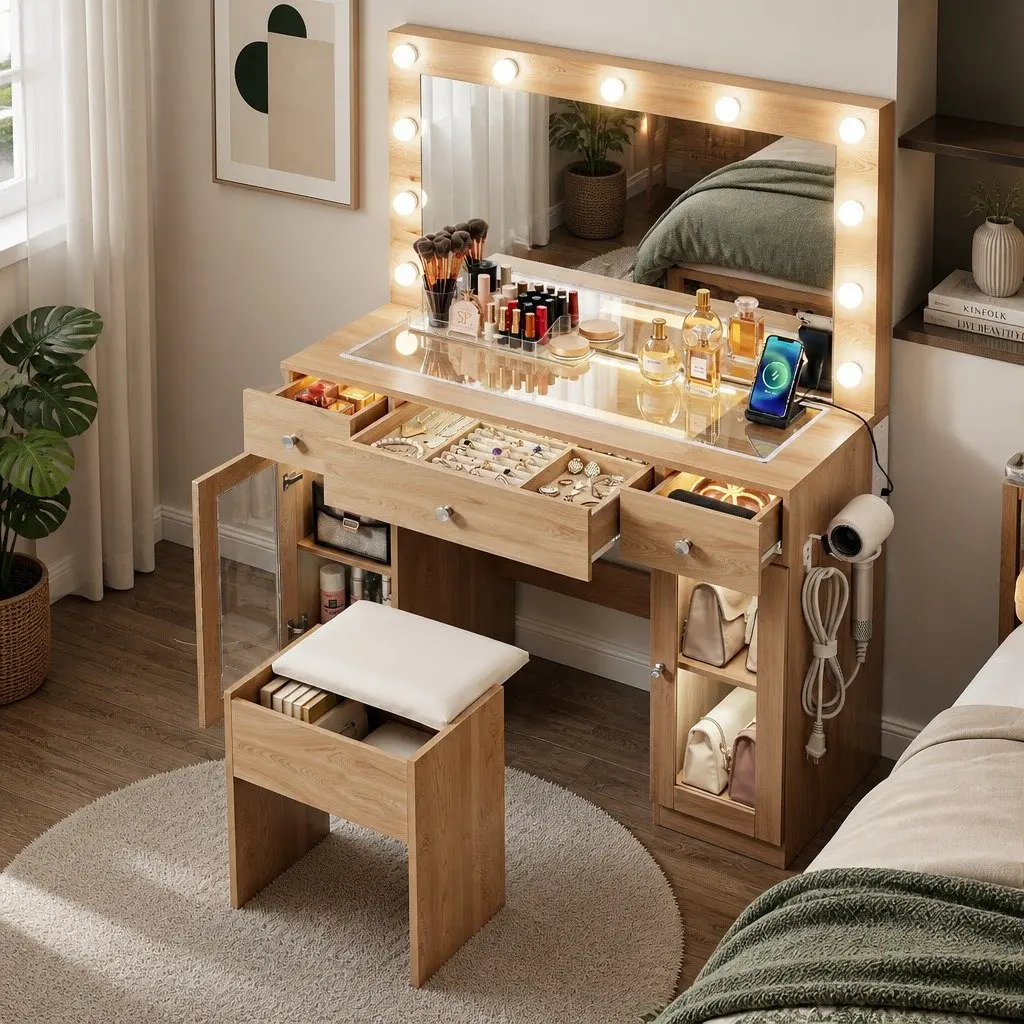 Dressing Table Vanity Desk with LED Hollywood Mirror RGB Bulbs Wood Drawers