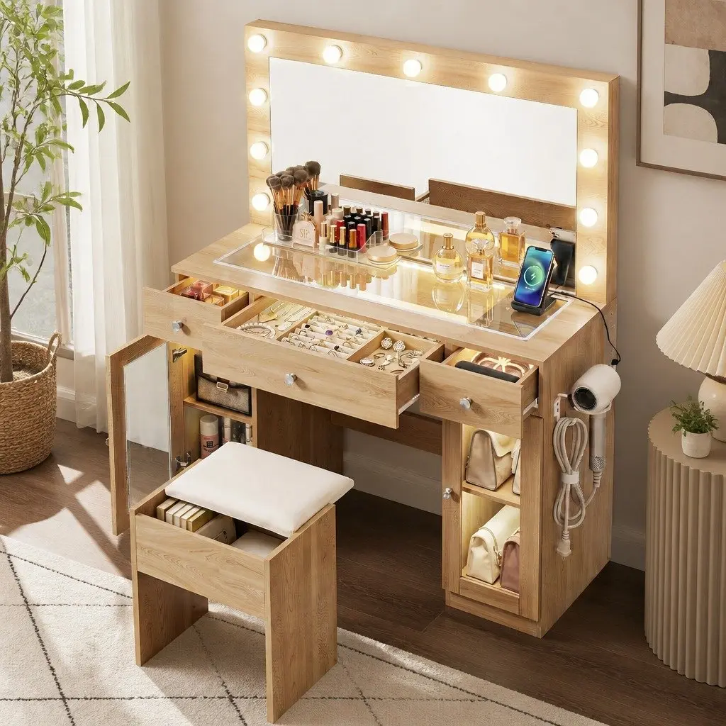 Dressing Table Vanity Desk with LED Hollywood Mirror RGB Bulbs Wood Drawers