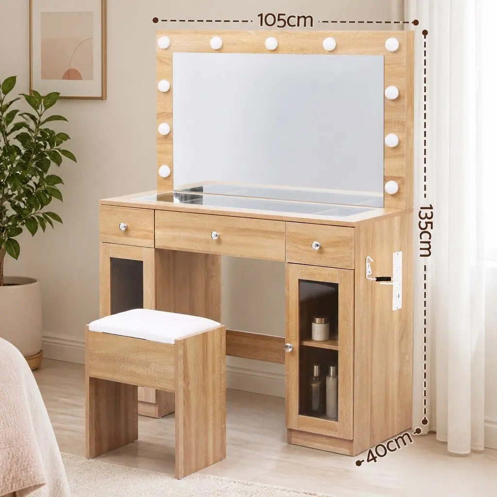 Dressing Table Vanity Desk with LED Hollywood Mirror RGB Bulbs Wood Drawers