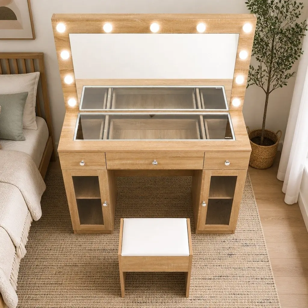 Dressing Table Vanity Desk with LED Hollywood Mirror RGB Bulbs Wood Drawers