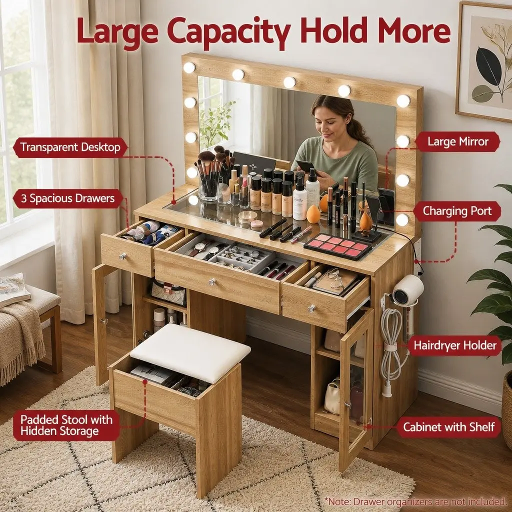 Dressing Table Vanity Desk with LED Hollywood Mirror RGB Bulbs Wood Drawers