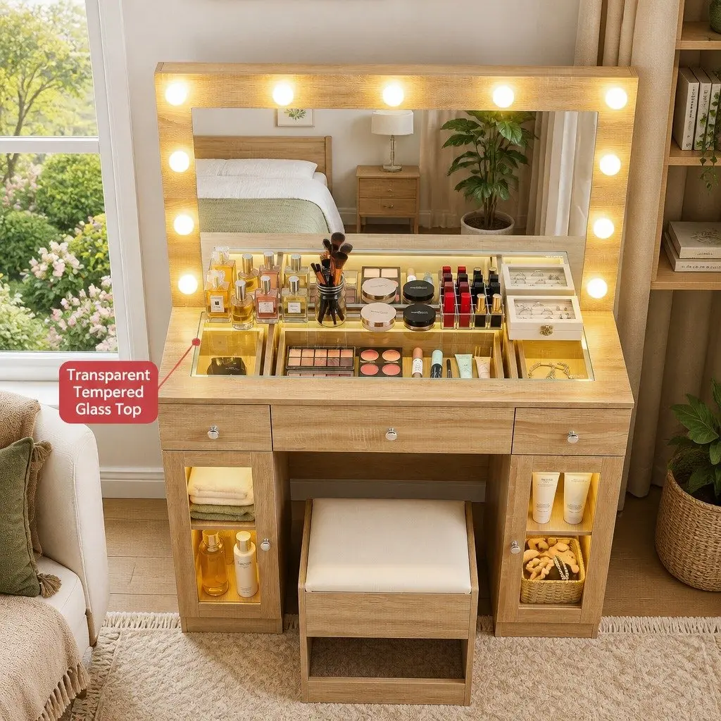 Dressing Table Vanity Desk with LED Hollywood Mirror RGB Bulbs Wood Drawers