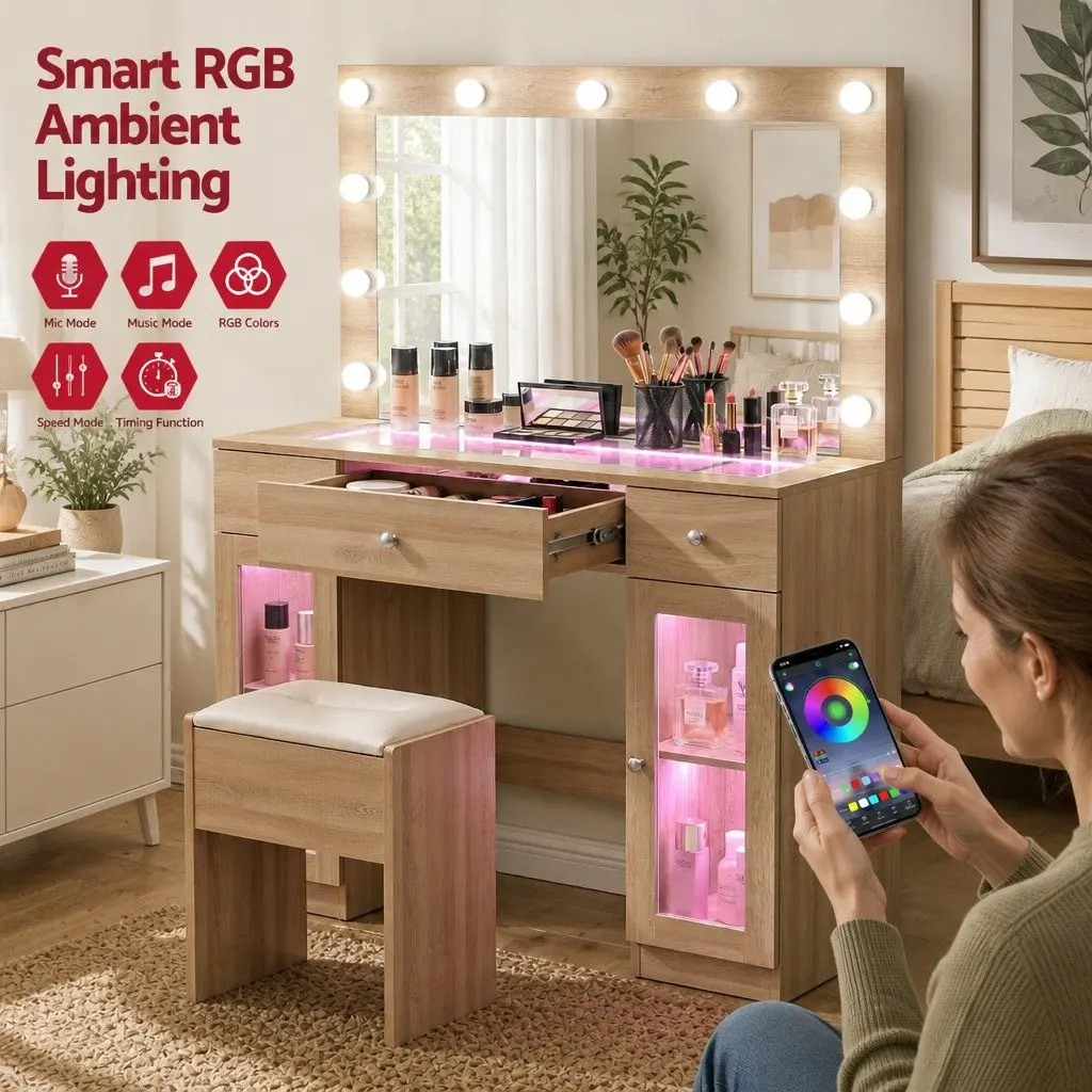 Dressing Table Vanity Desk with LED Hollywood Mirror RGB Bulbs Wood Drawers