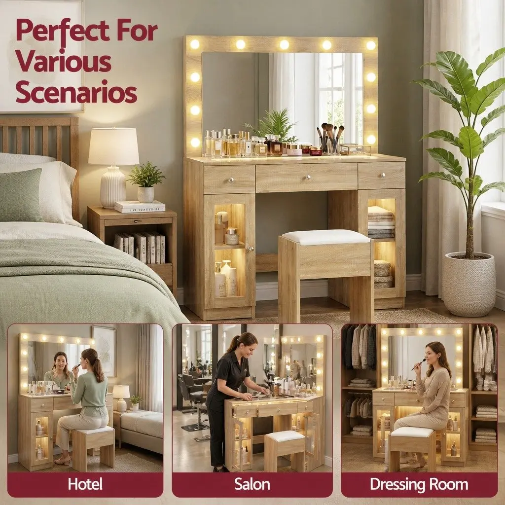 Dressing Table Vanity Desk with LED Hollywood Mirror RGB Bulbs Wood Drawers