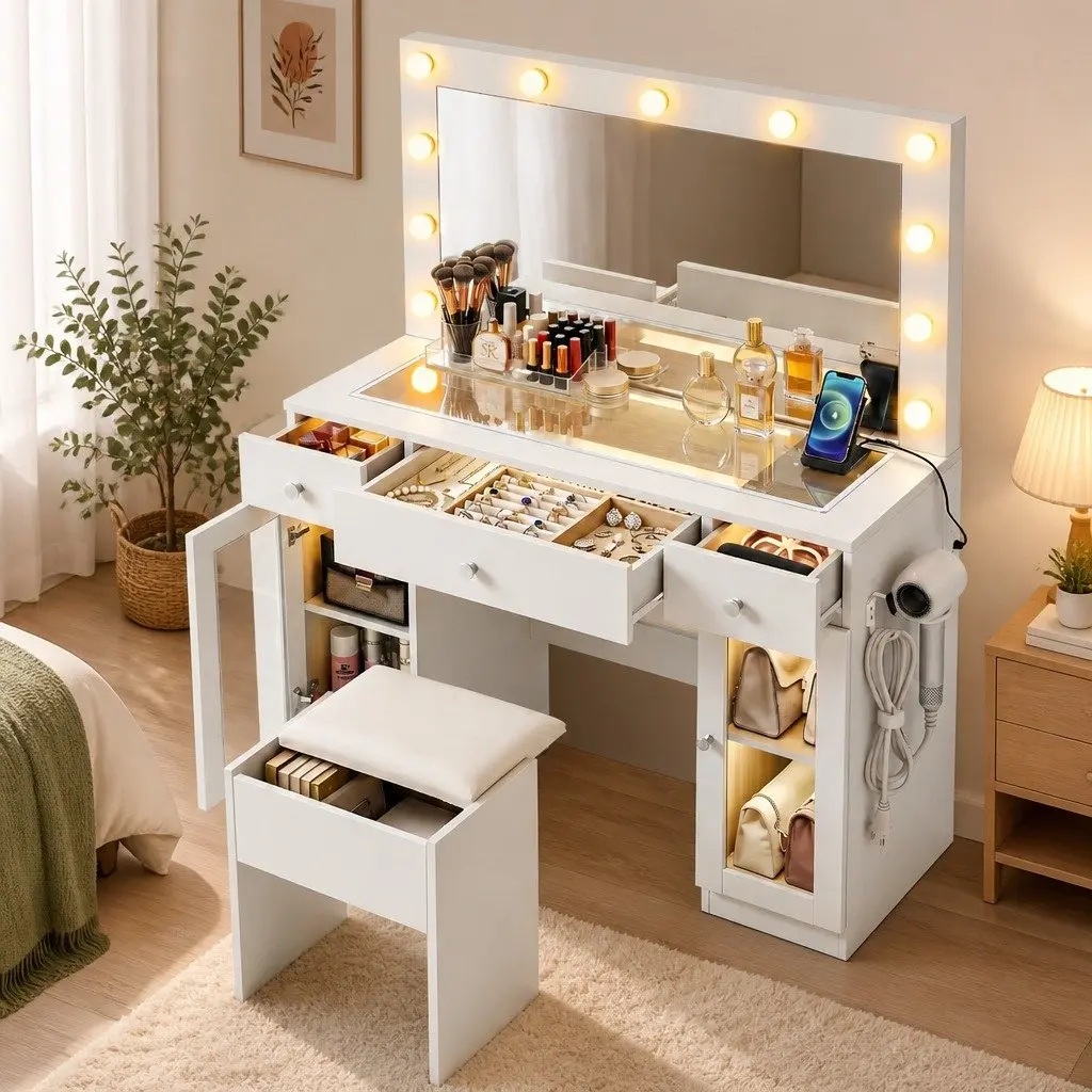 Dressing Table Vanity Desk with Hollywood Mirror LED Bulbs RGB Light White