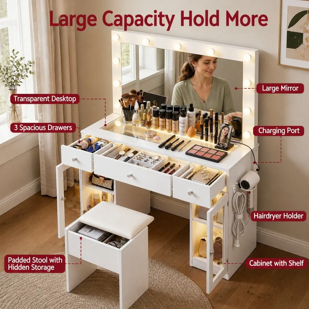 Dressing Table Vanity Desk with Hollywood Mirror LED Bulbs RGB Light White