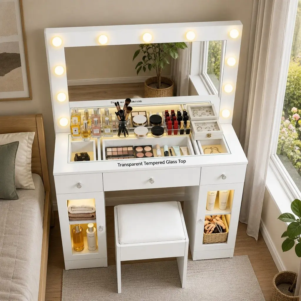 Dressing Table Vanity Desk with Hollywood Mirror LED Bulbs RGB Light White