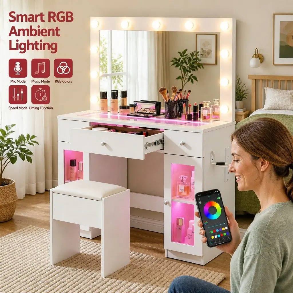 Dressing Table Vanity Desk with Hollywood Mirror LED Bulbs RGB Light White