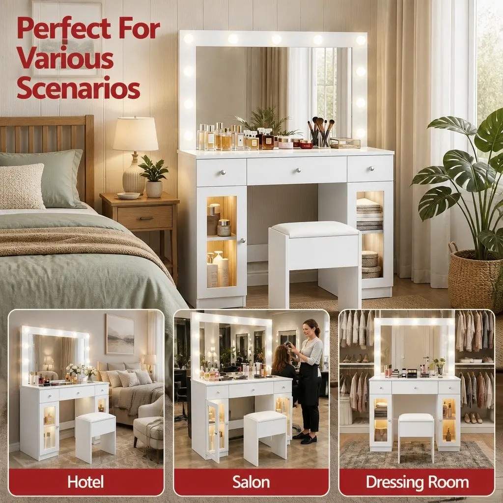 Dressing Table Vanity Desk with Hollywood Mirror LED Bulbs RGB Light White