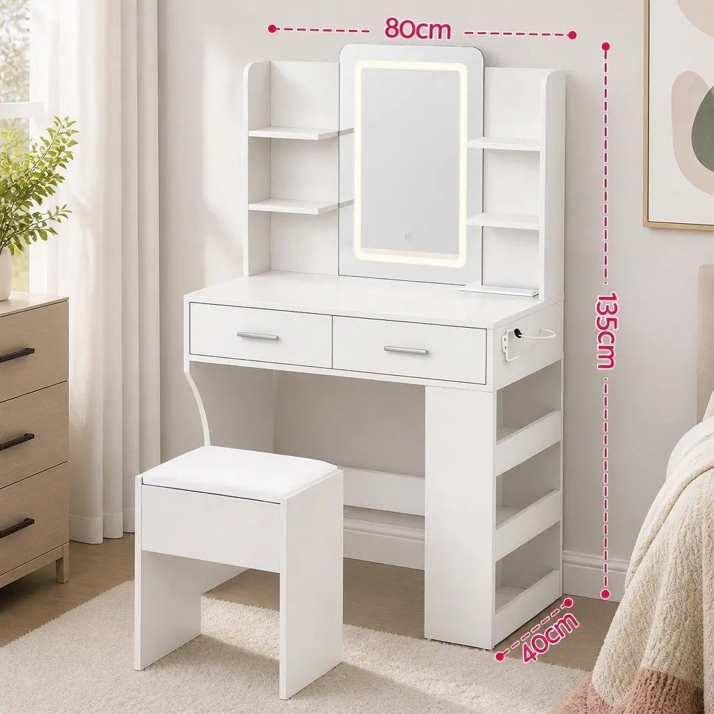LED Vanity Dressing Table Makeup Desk with Mirror Stool White E1 Particle Board Metal 80cm W x 40cm D x 135cm H