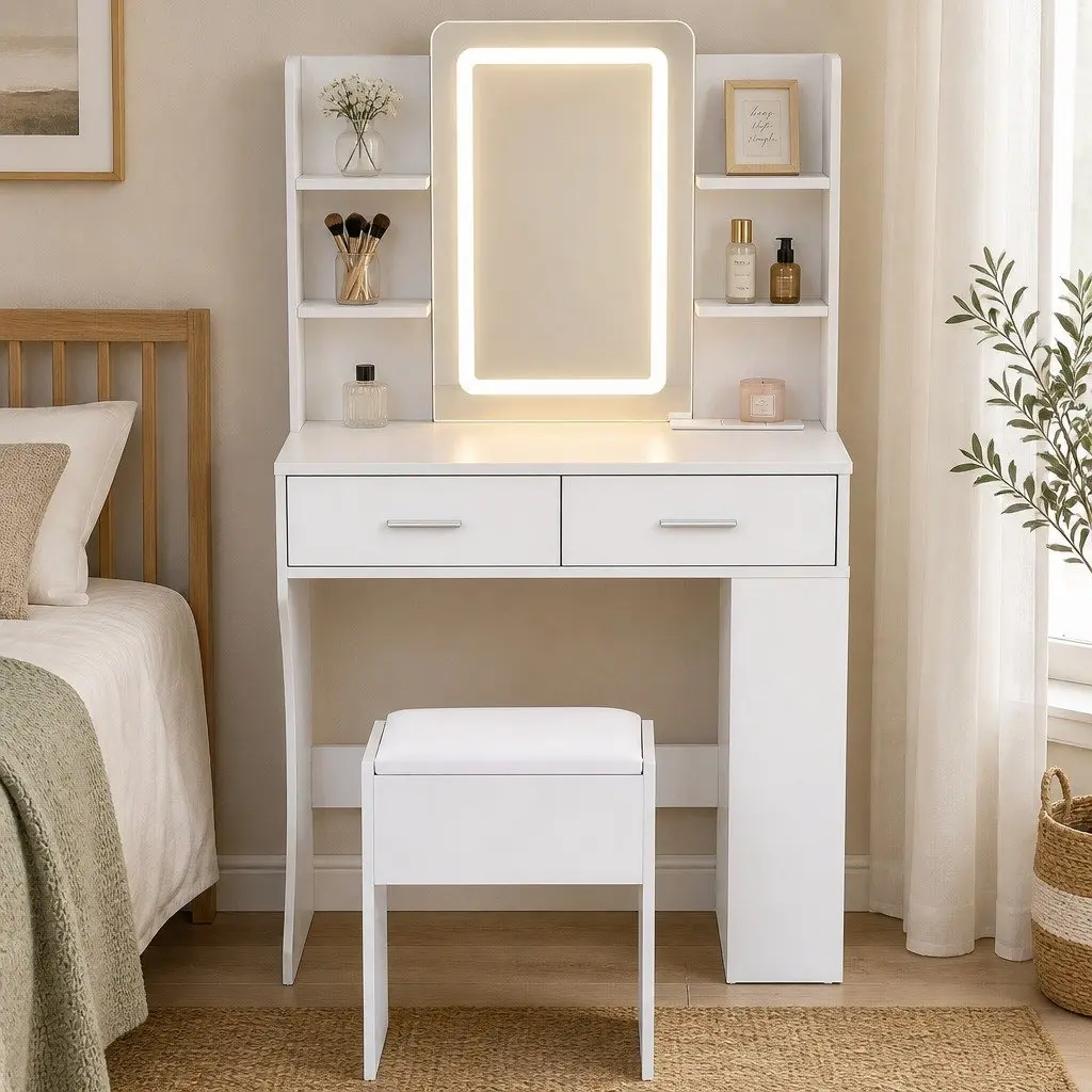 LED Vanity Dressing Table Makeup Desk with Mirror Stool White E1 Particle Board Metal 80cm W x 40cm D x 135cm H