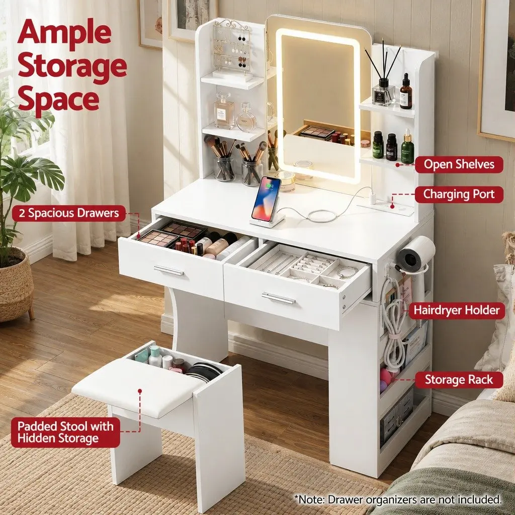 LED Vanity Dressing Table Makeup Desk with Mirror Stool White E1 Particle Board Metal 80cm W x 40cm D x 135cm H