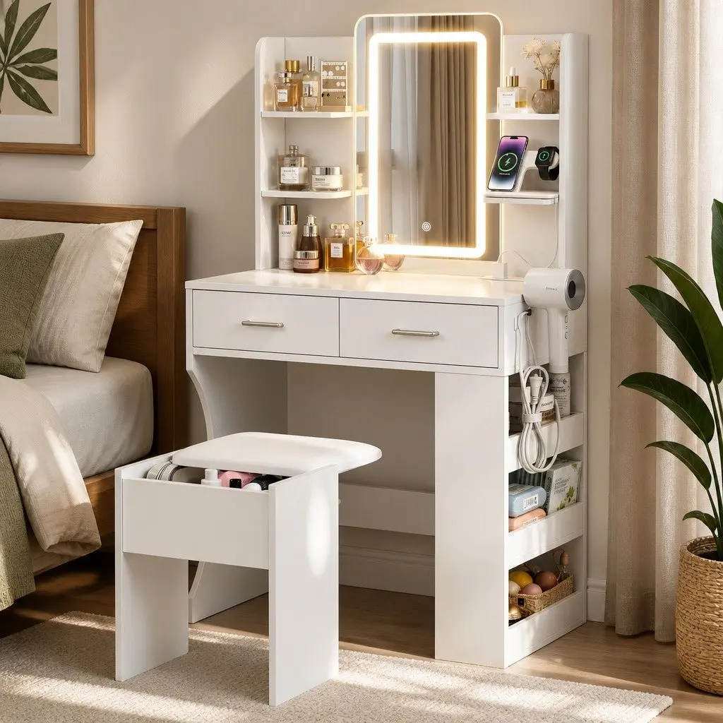 LED Vanity Dressing Table Makeup Desk with Mirror Stool White E1 Particle Board Metal 80cm W x 40cm D x 135cm H