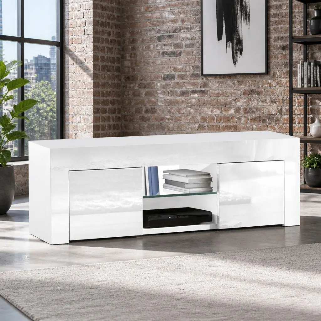 TV Unit Entertainment Cabinet 130cm Particle Board Tempered Glass White