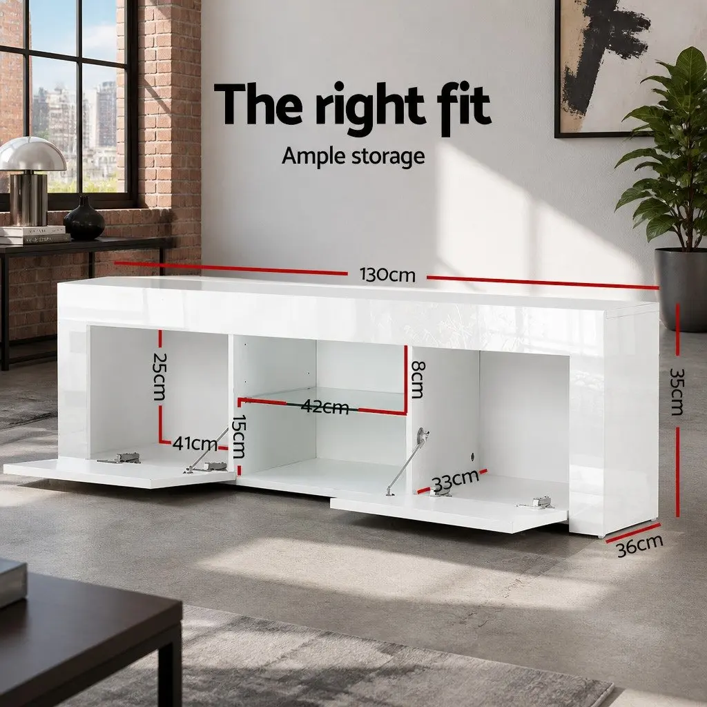 TV Unit Entertainment Cabinet 130cm Particle Board Tempered Glass White