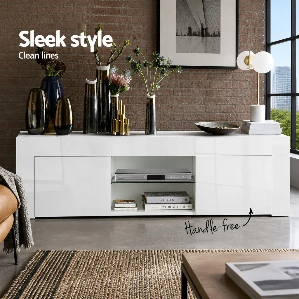 TV Unit Entertainment Cabinet 130cm Particle Board Tempered Glass White
