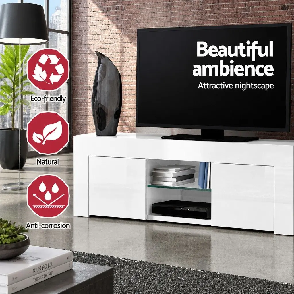 TV Unit Entertainment Cabinet 130cm Particle Board Tempered Glass White