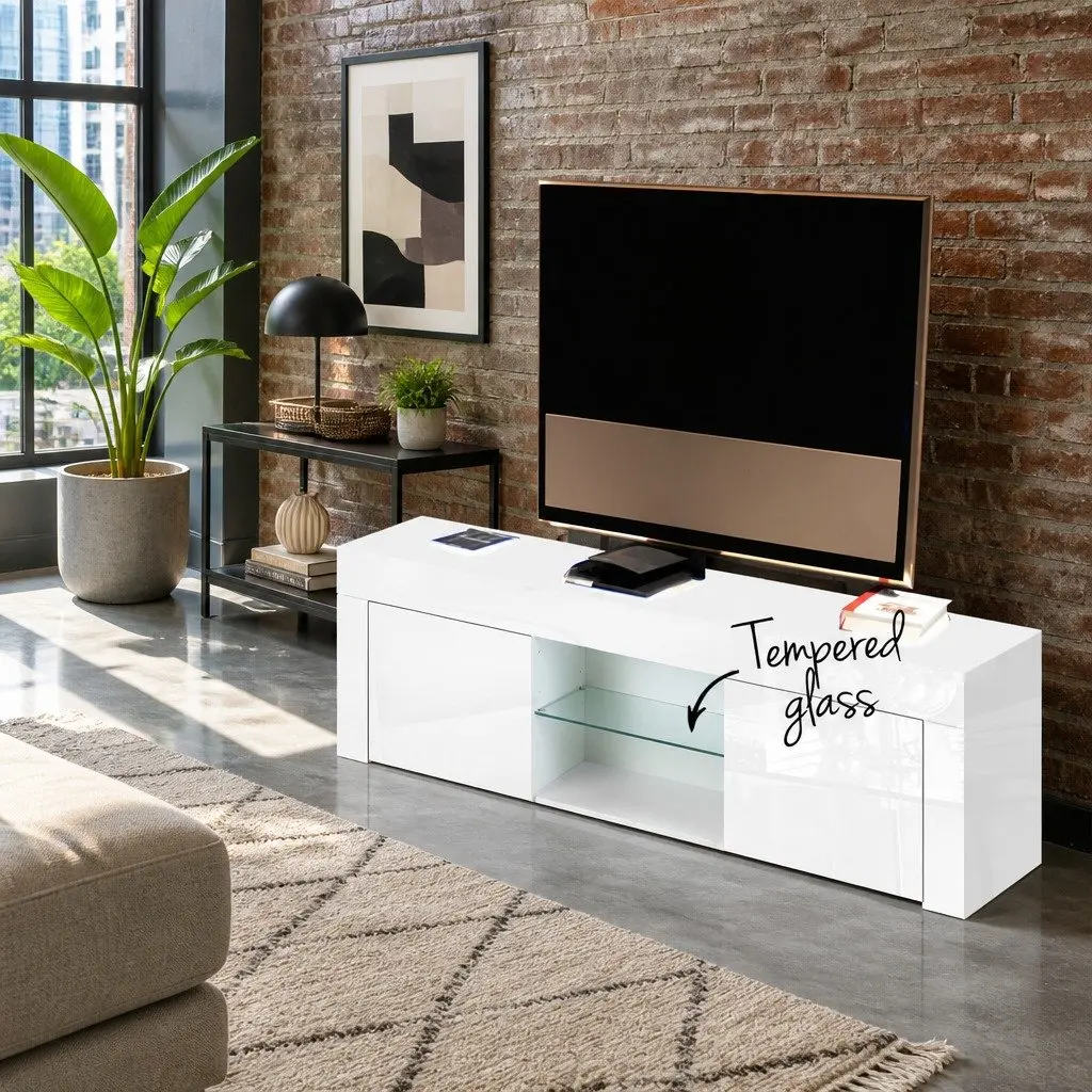 TV Unit Entertainment Cabinet 130cm Particle Board Tempered Glass White