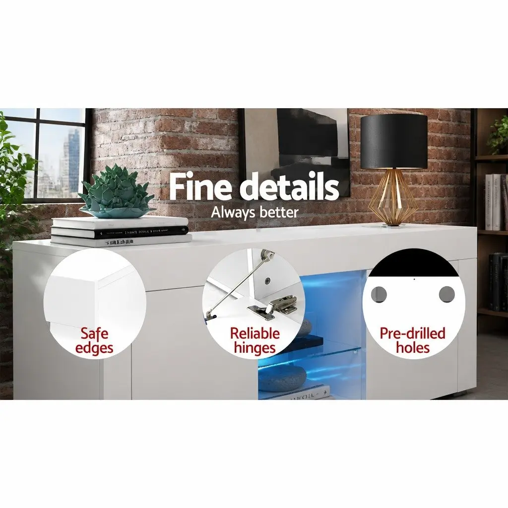 TV Unit Entertainment Cabinet 130cm Particle Board Tempered Glass White