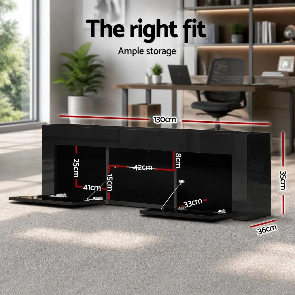 TV Unit Cabinet Modern Black 130cm RGB LED Lighting Storage with Two Cabinets and Two Shelves