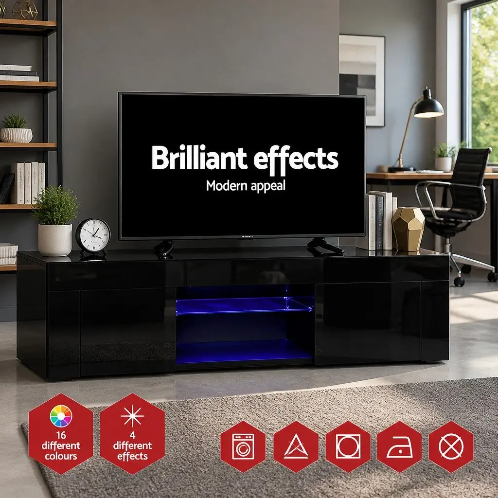 TV Unit Cabinet Modern Black 130cm RGB LED Lighting Storage with Two Cabinets and Two Shelves