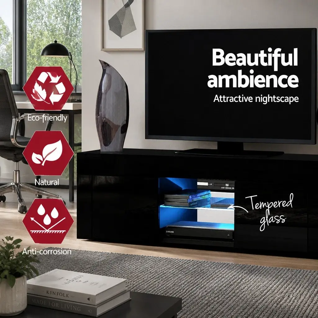 TV Unit Cabinet Modern Black 130cm RGB LED Lighting Storage with Two Cabinets and Two Shelves