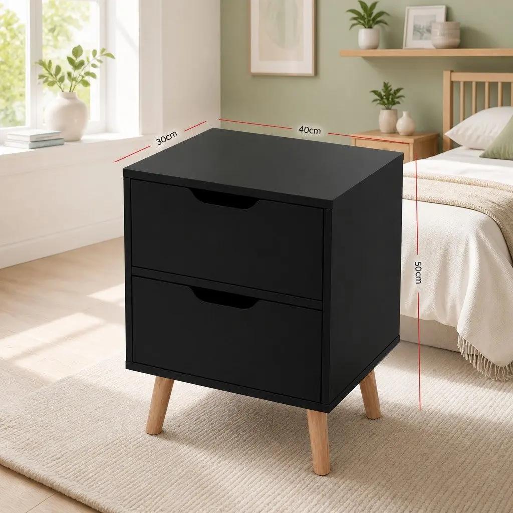 Black Bedside Table 2 Drawers Modern Nightstand with Splayed Legs Storage Cabinet 40cm x 30cm x 50cm Particle Board