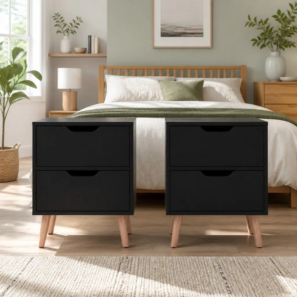 Black Bedside Table 2 Drawers Modern Nightstand with Splayed Legs Storage Cabinet 40cm x 30cm x 50cm Particle Board