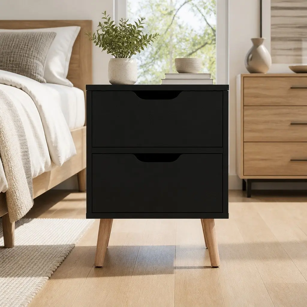 Bedside Table Particle Board 40cm x 30cm x 50cm Black with 2 Drawers