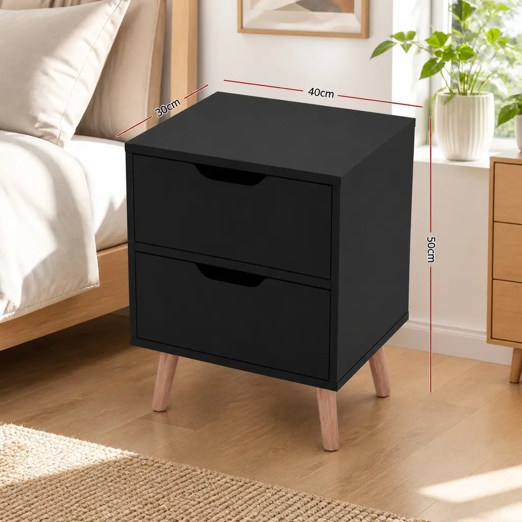 Bedside Table Particle Board 40cm x 30cm x 50cm Black with 2 Drawers