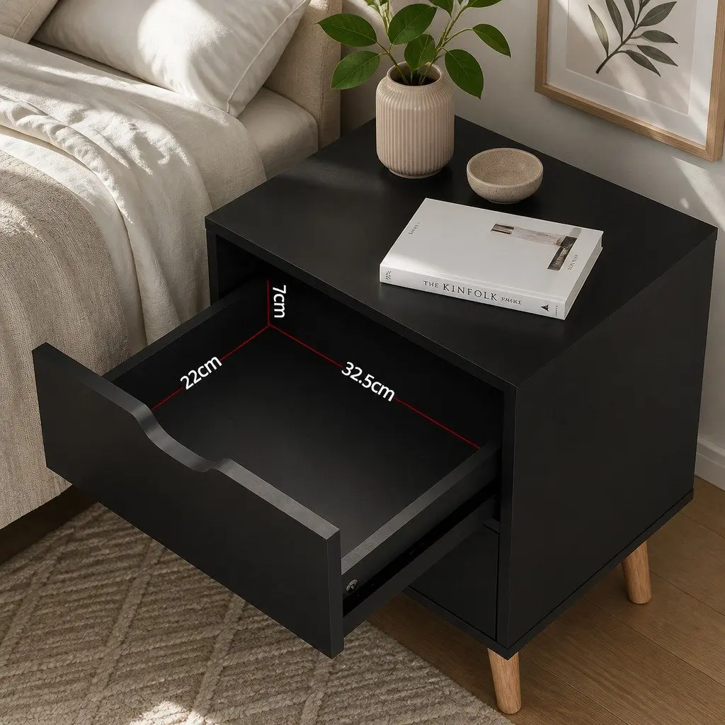 Bedside Table Particle Board 40cm x 30cm x 50cm Black with 2 Drawers