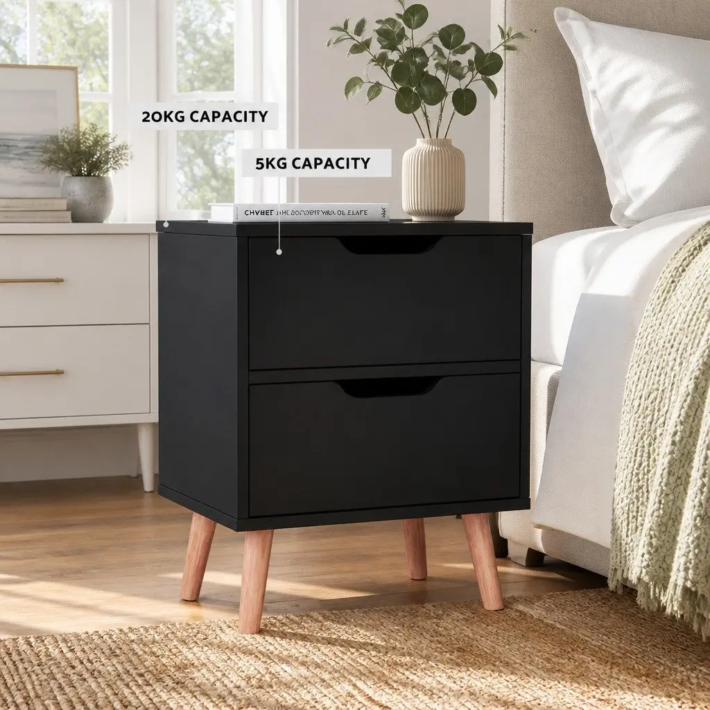 Bedside Table Particle Board 40cm x 30cm x 50cm Black with 2 Drawers